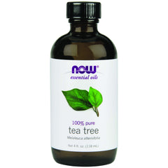 NOW Tea Tree Oil drops closeup highlighting natural cleansing notes.