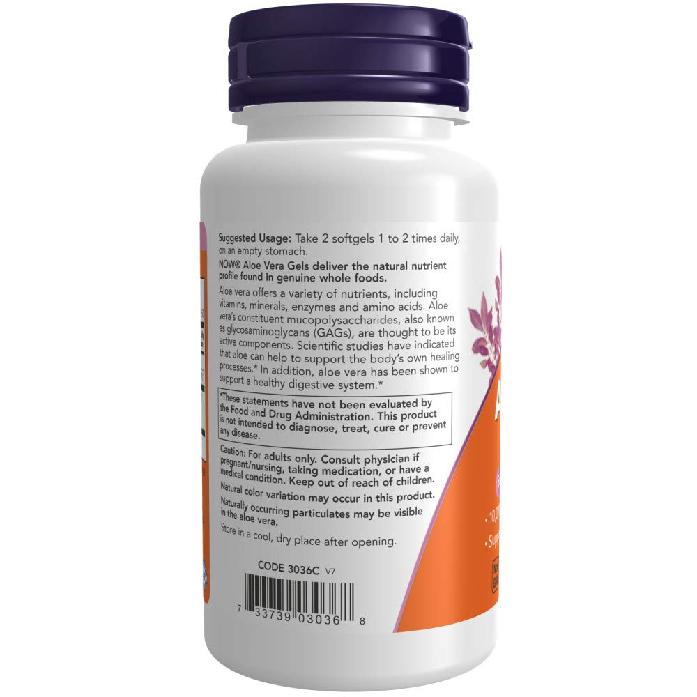 NOW Foods Aloe Vera softgels close-up showing easy-to-swallow capsules