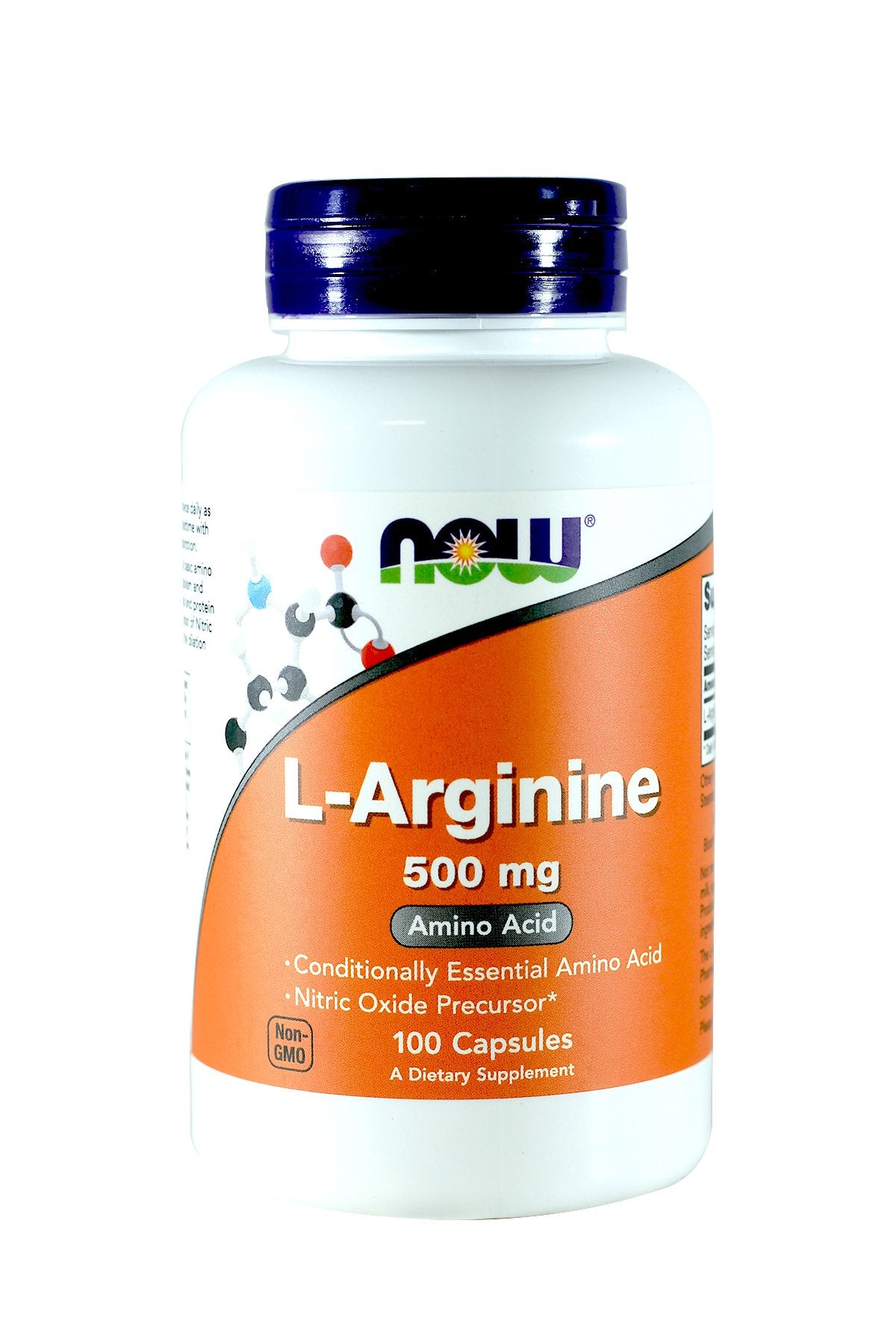Now Foods Arginine 500mg bottle image showing 100 capsules for daily amino acid support.