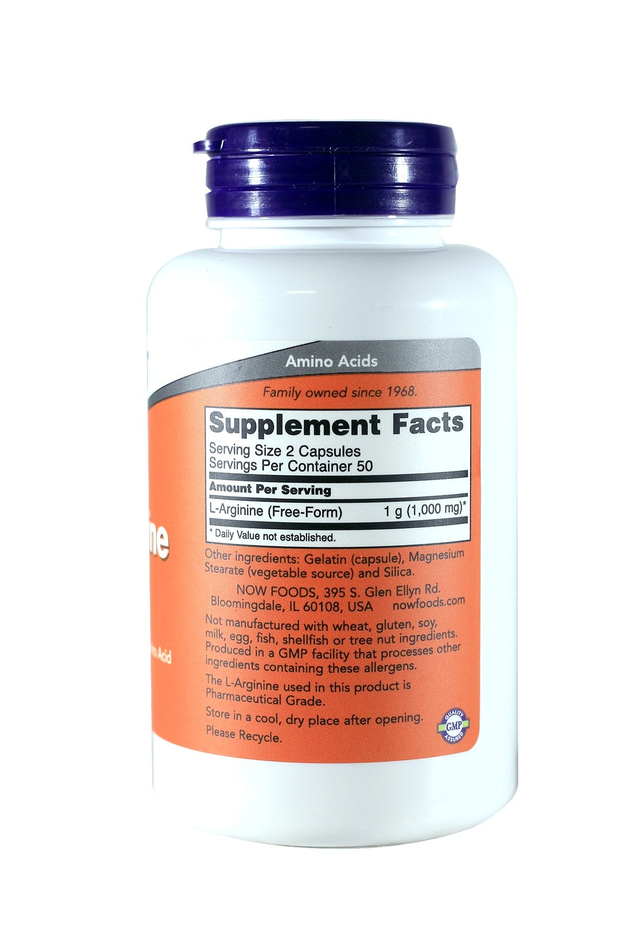 Now Foods Arginine 500mg capsules close-up highlighting 100-count bottle for DNA synthesis support.