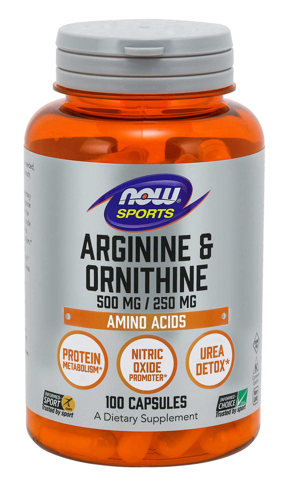 NOW Foods Arginine Ornithine capsules bottle for amino acids and nitric oxide support