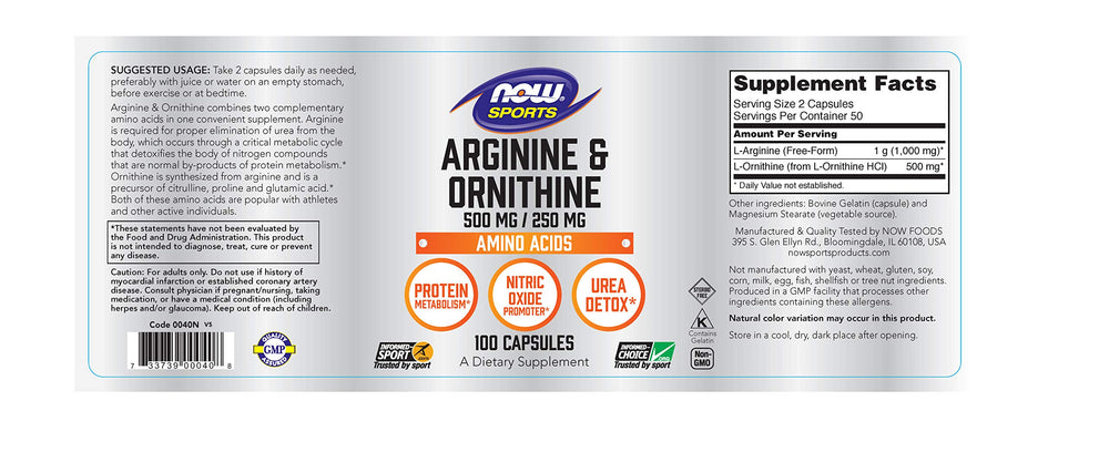 NOW Foods Arginine Ornithine capsules label highlighting the amino acid blend for protein metabolism