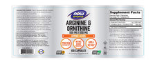NOW Foods Arginine Ornithine capsules label highlighting the amino acid blend for protein metabolism