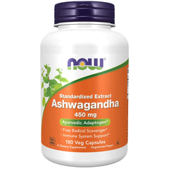 NOW Foods Ashwagandha bottle with 450 mg capsules for daily routine and balance.