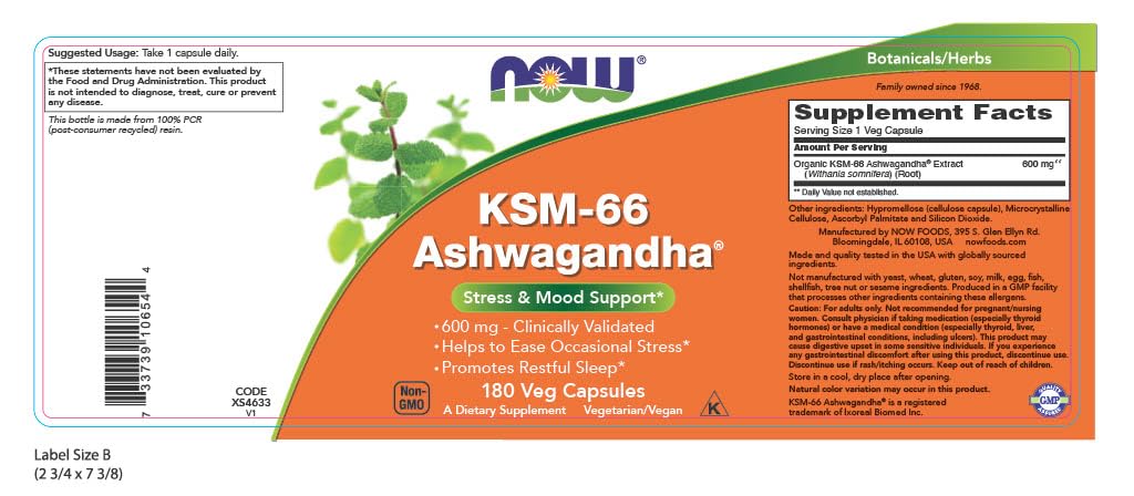 Close-up of NOW Foods Ashwagandha capsules showing full-spectrum extract potential wellness benefits.