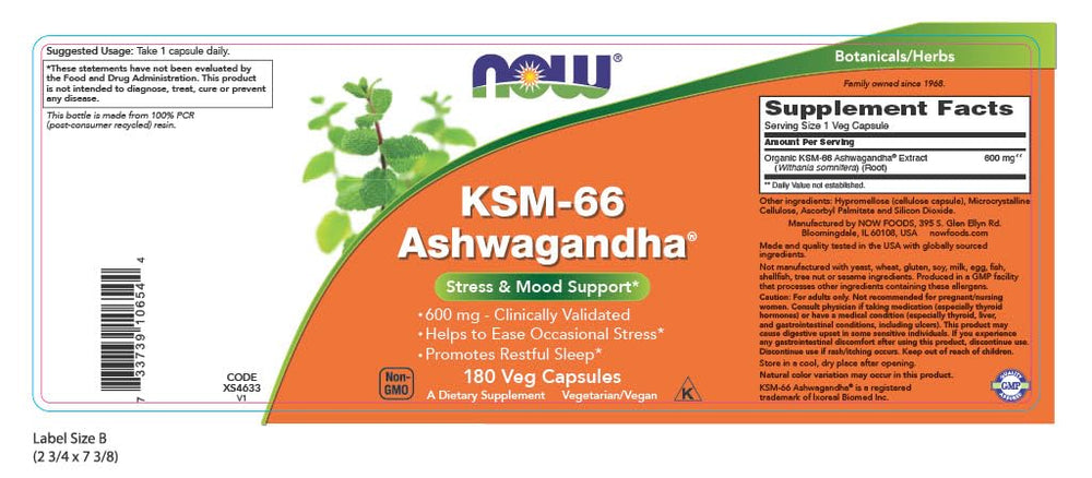 Close-up of NOW Foods Ashwagandha capsules showing full-spectrum extract potential wellness benefits.