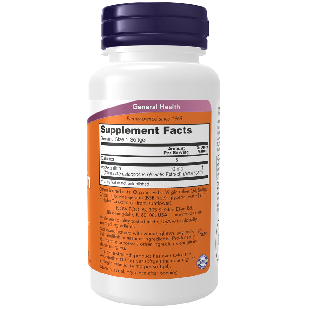 NOW Foods Astaxanthin softgels on table illustrating daily antioxidant support in a convenient capsule