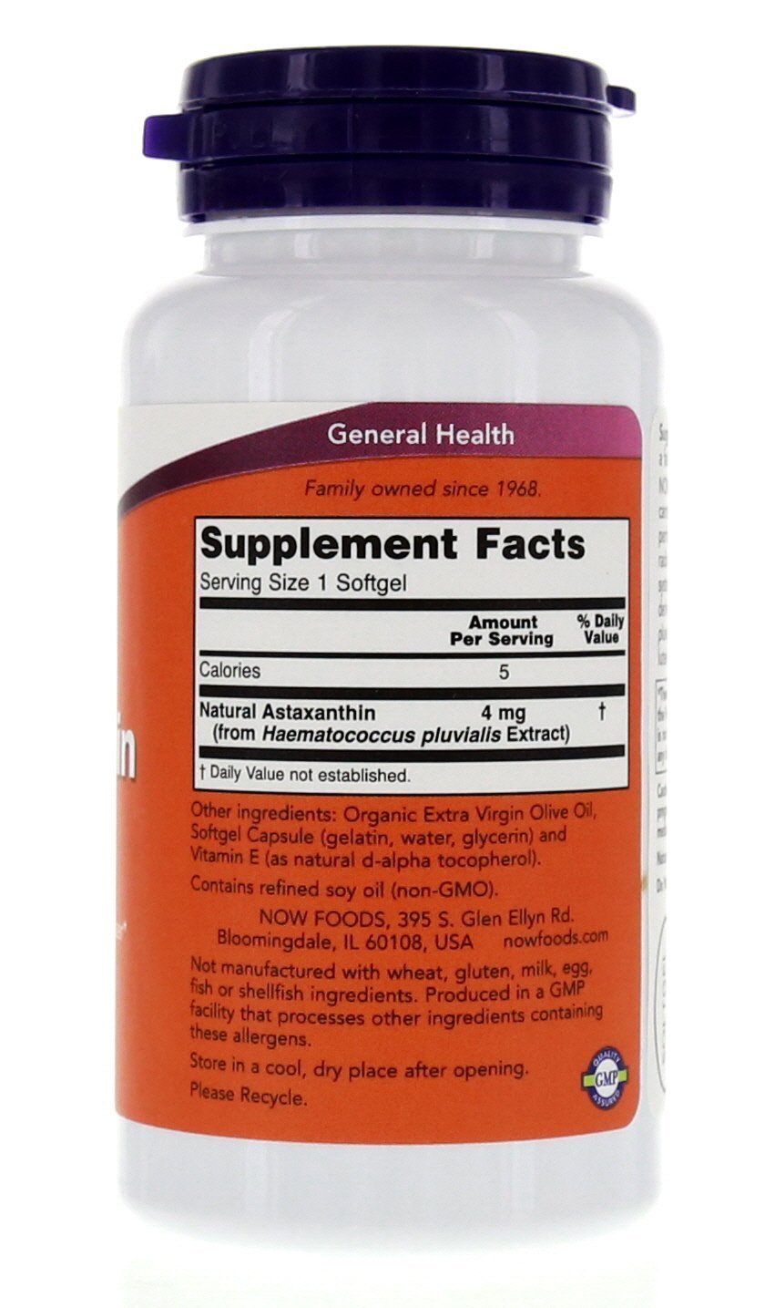 NOW Foods Astaxanthin 4mg label-packaging highlighting branding and ingredients.