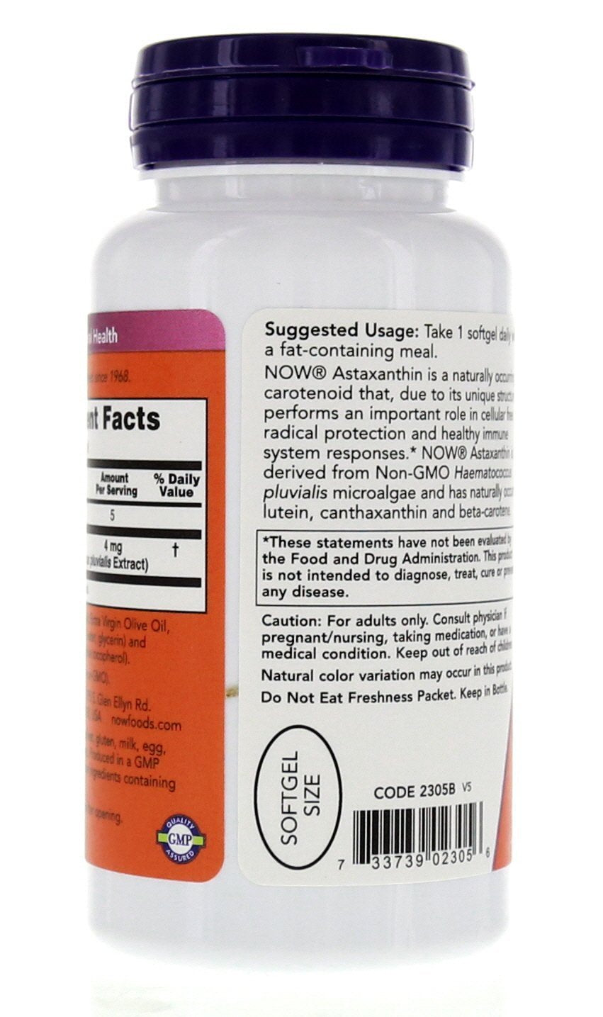 NOW Foods Astaxanthin 4mg non-GMO Haematococcus source highlights purity.