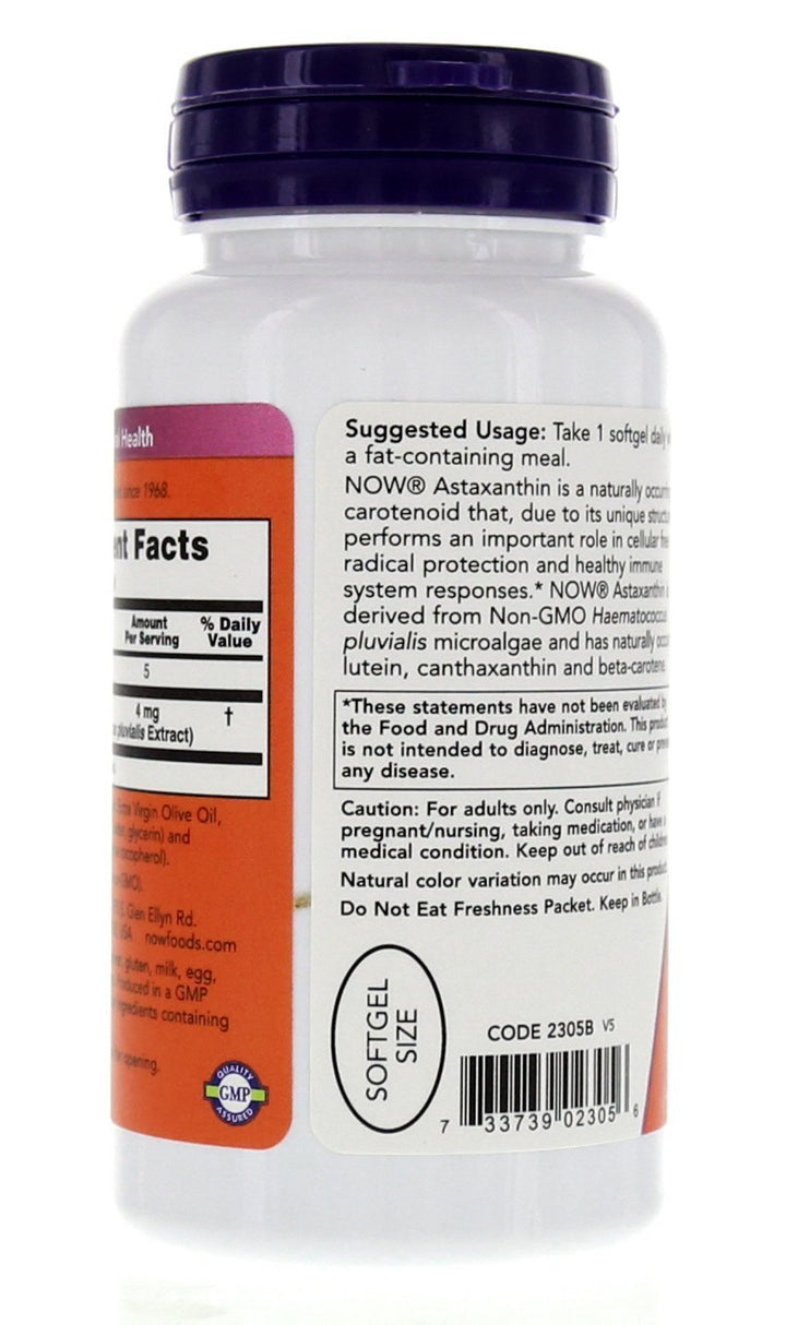 NOW Foods Astaxanthin 4mg non-GMO Haematococcus source highlights purity.