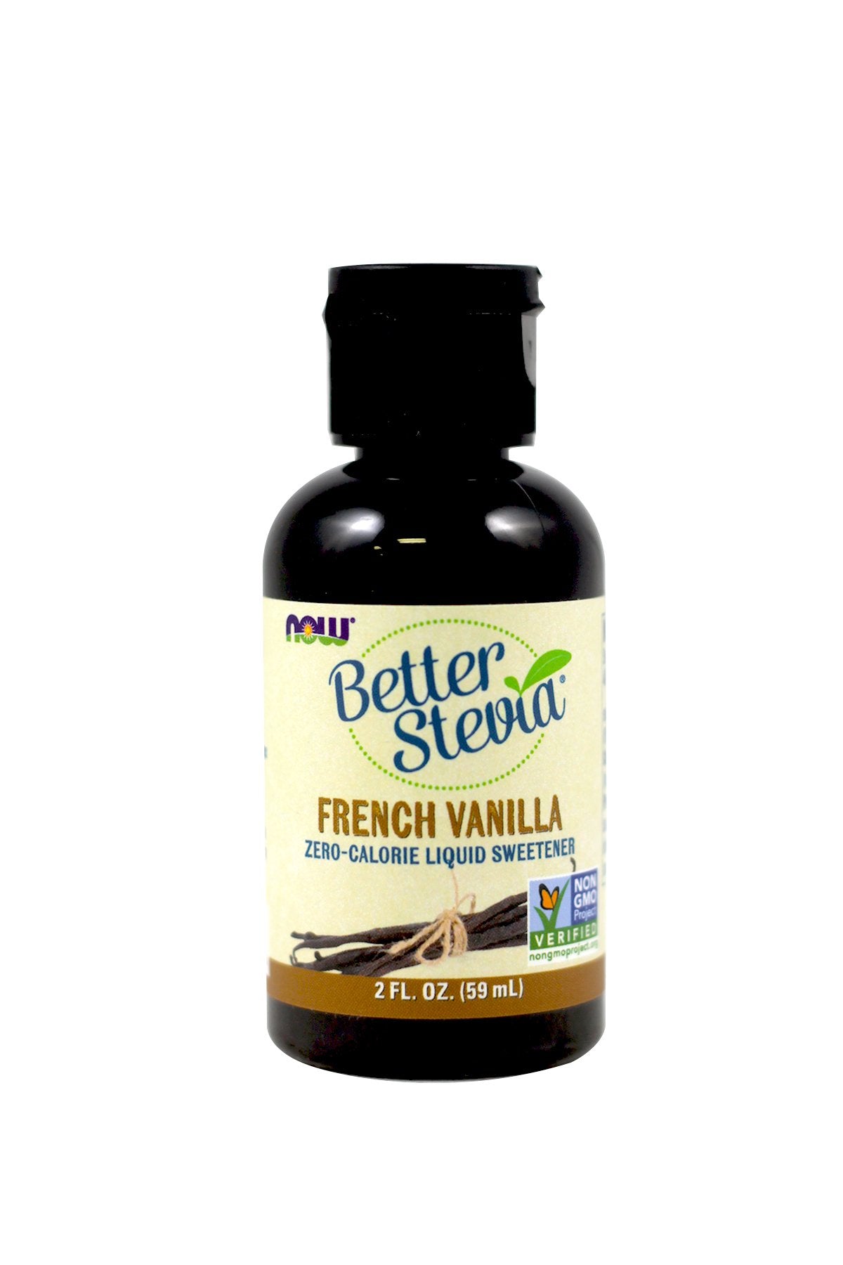 Now Foods BetterStevia French Vanilla bottle for zero-calorie sweetness in drinks.
