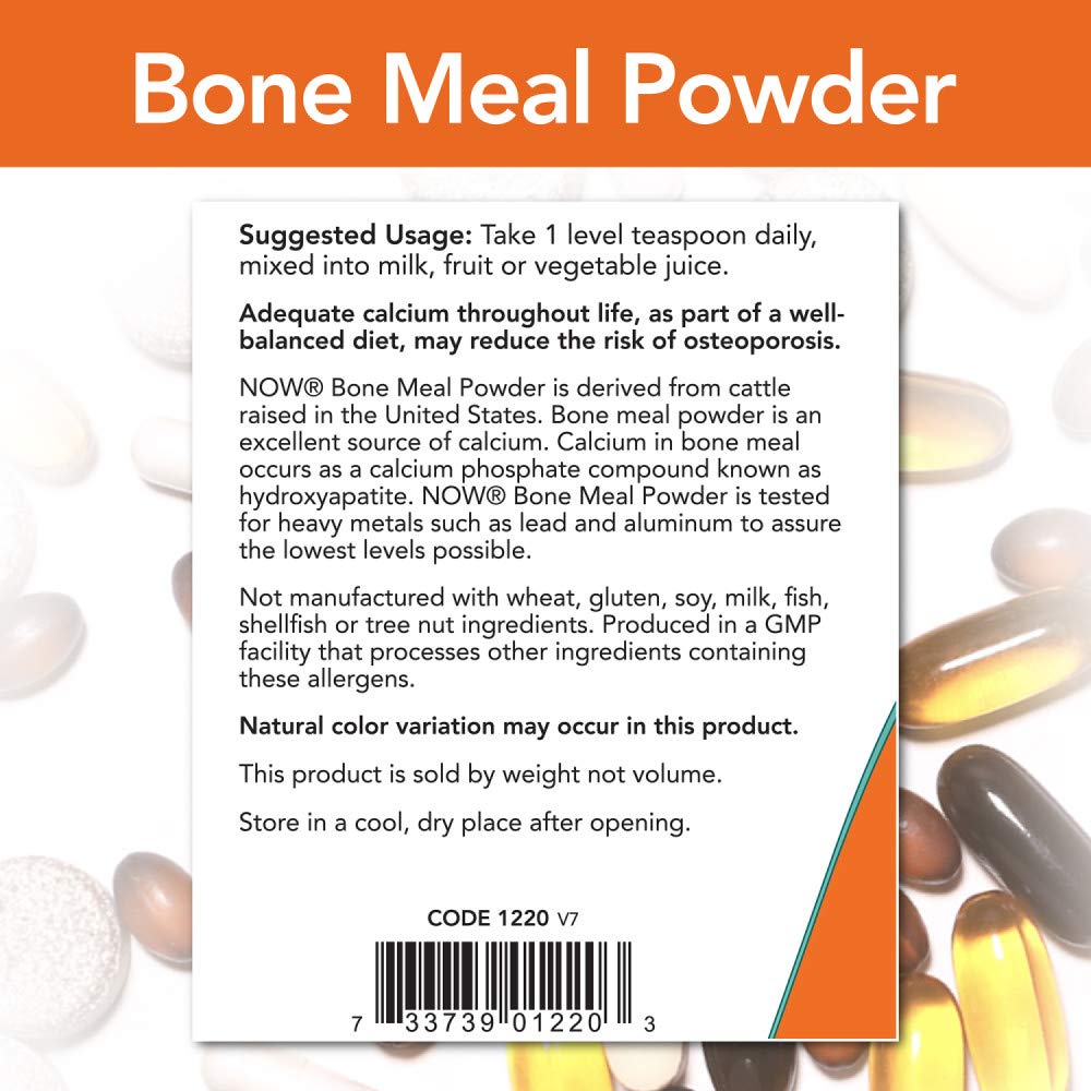 Opened NOW Foods Bone Meal Powder jar showing fine powder texture.