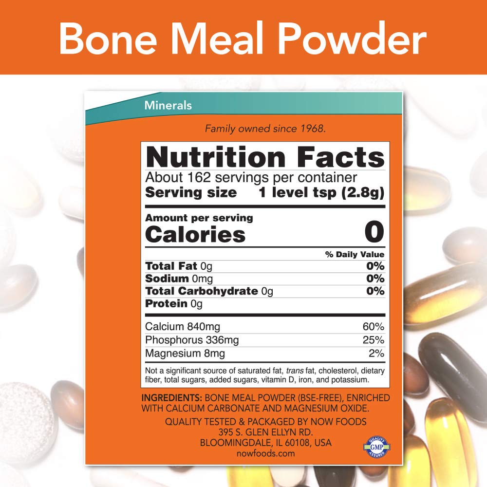 NOW Foods Bone Meal Powder with scoop beside the jar for easy measuring.