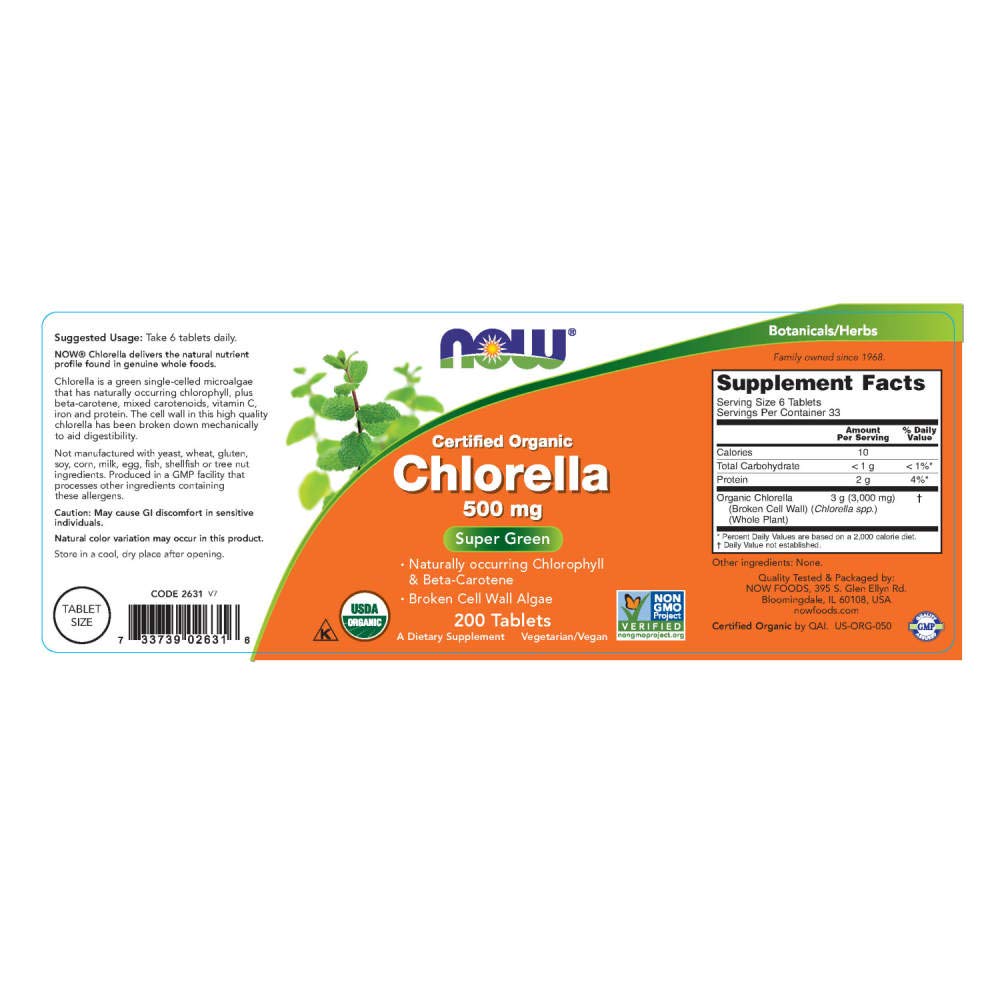 NOW Foods Chlorella bottle label detail showing chlorophyll and micronutrients