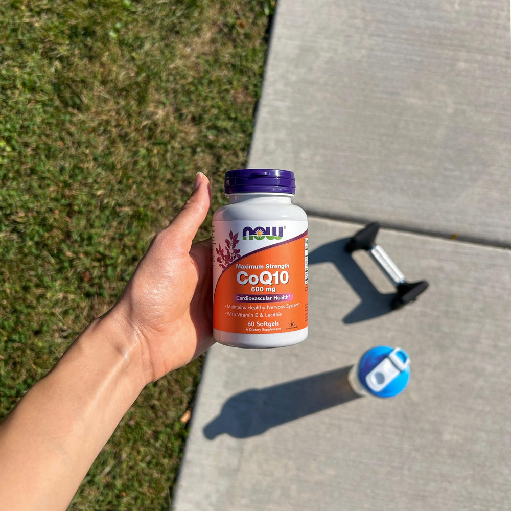 Ingredient panel of NOW Foods CoQ10 600 mg highlighting natural all-trans CoQ10.