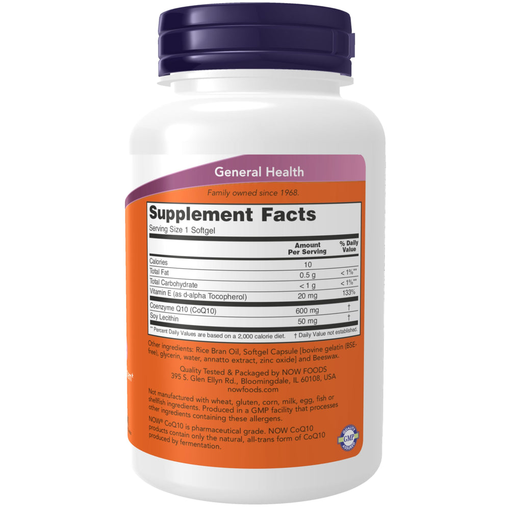 Close-up of NOW Foods CoQ10 600 mg label shows potency and ingredients.
