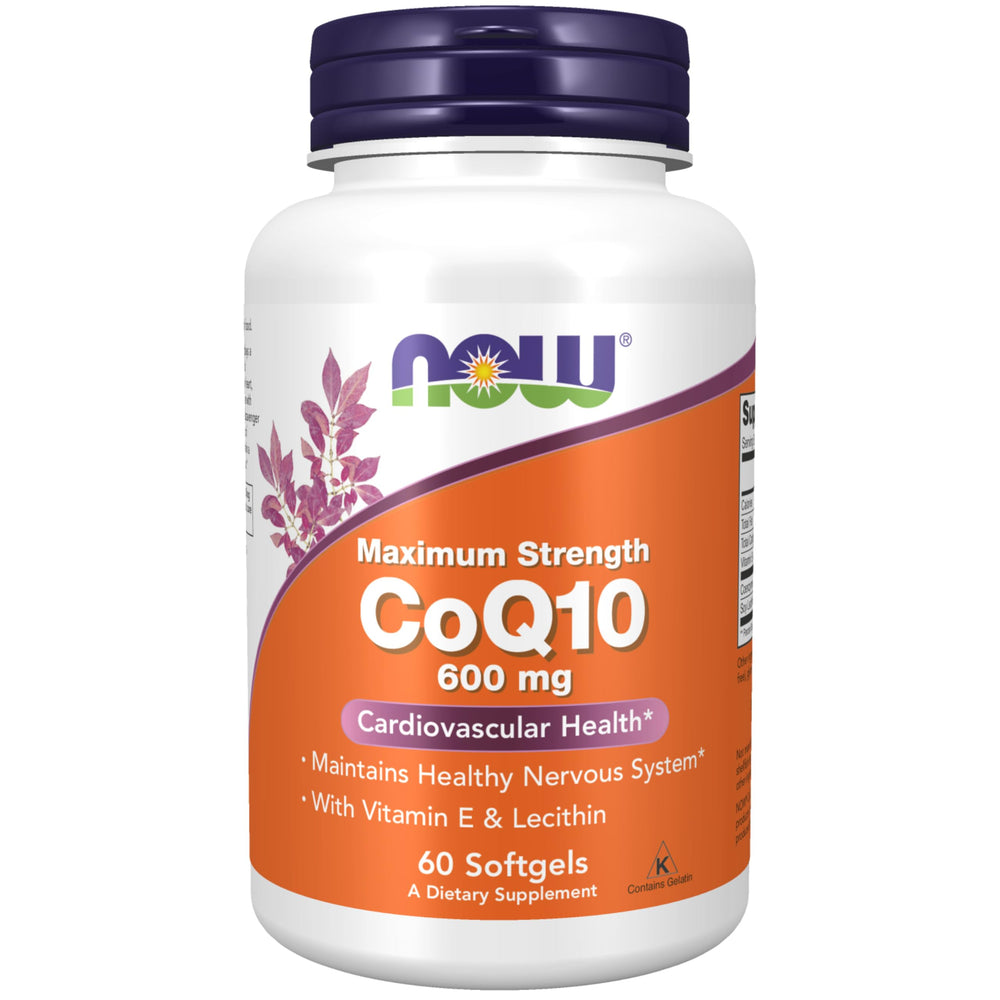 NOW Foods CoQ10 600 mg softgels bottle supports daily energy.
