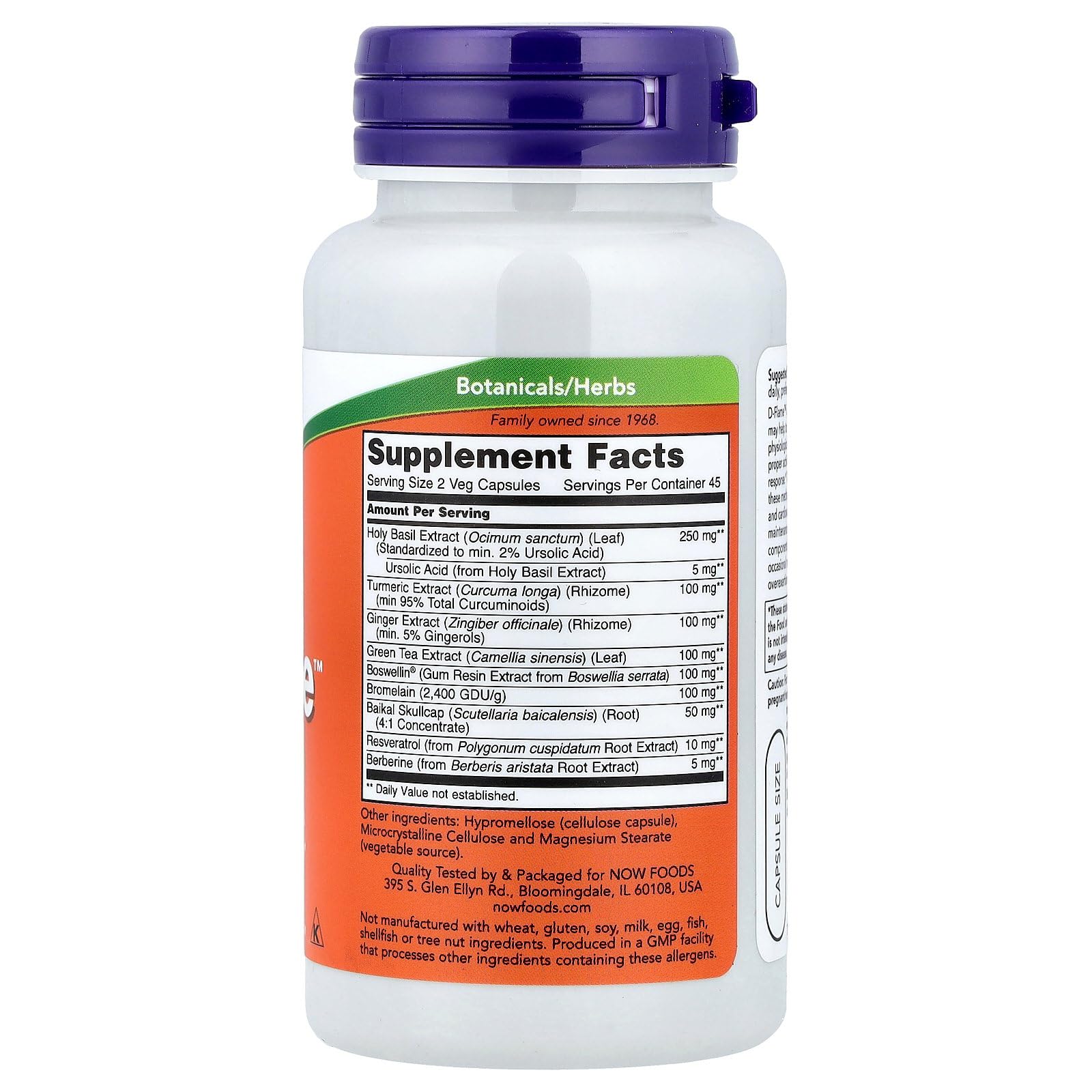 NOW Foods D-Flame 90 Vcaps label close-up with product details