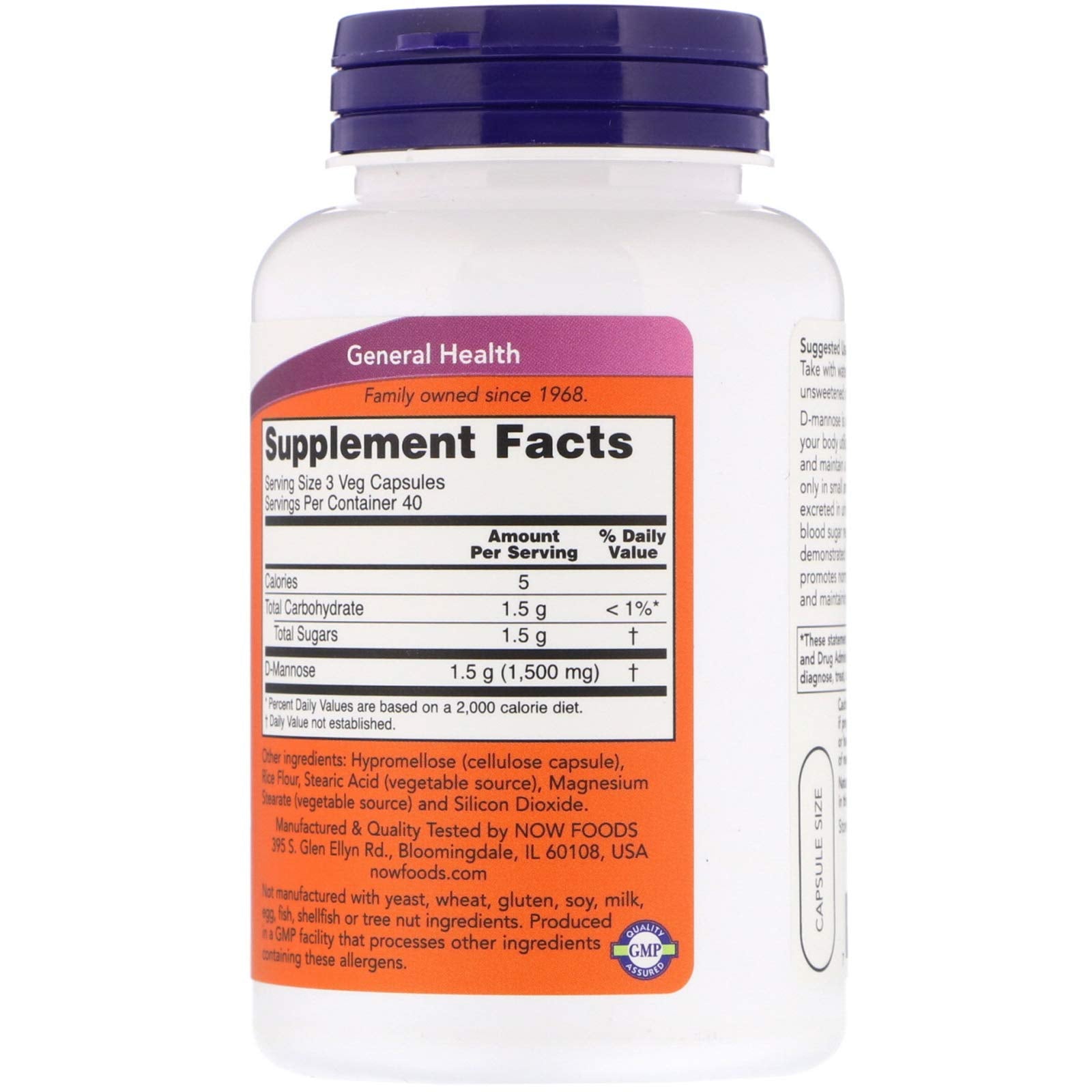 NOW Foods D-Mannose capsules in bottle for daily bladder care and urinary tract support.