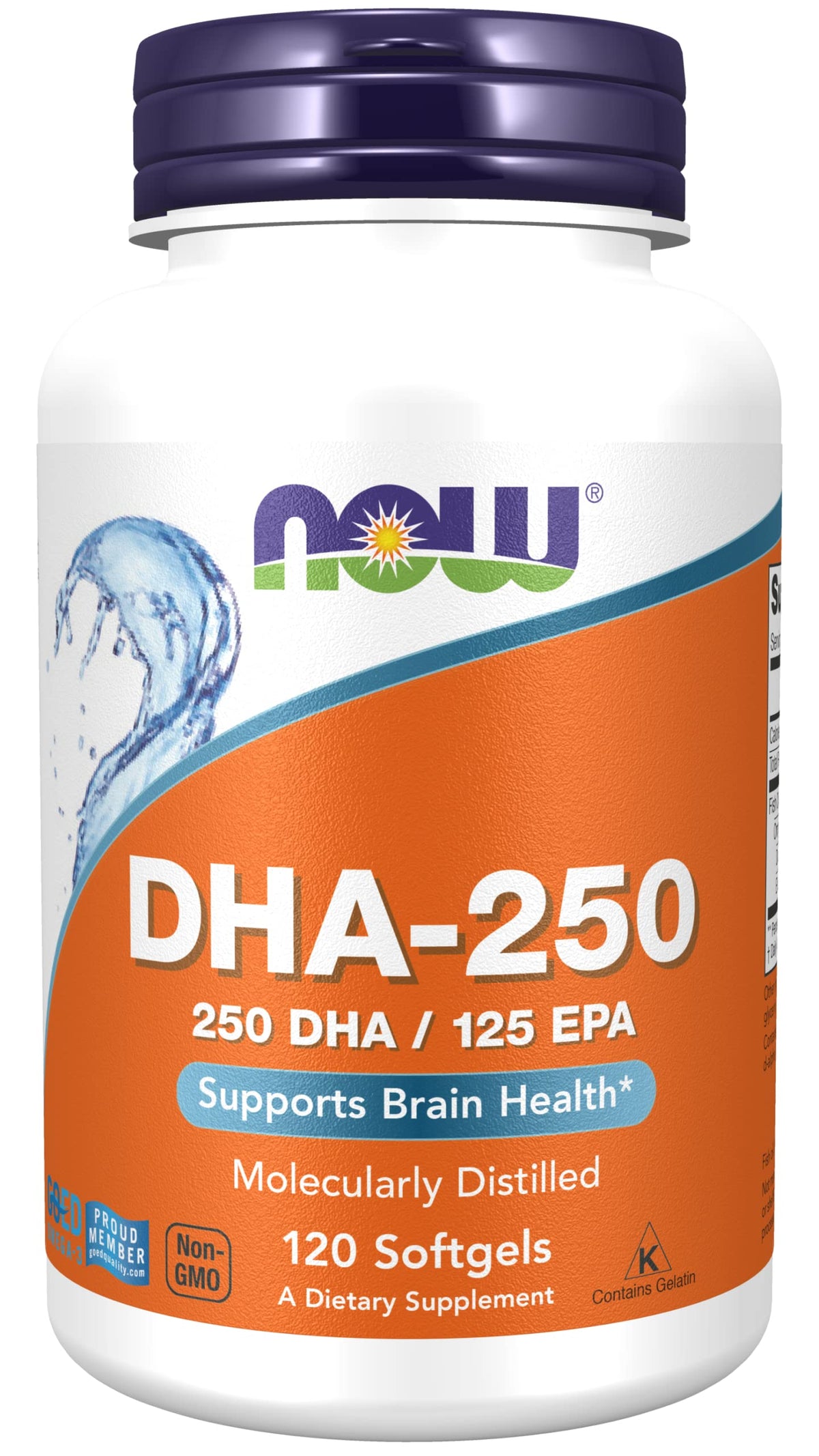 NOW Foods DHA-250 bottle front view for easy daily omega-3 intake