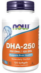 NOW Foods DHA-250 bottle front view for easy daily omega-3 intake