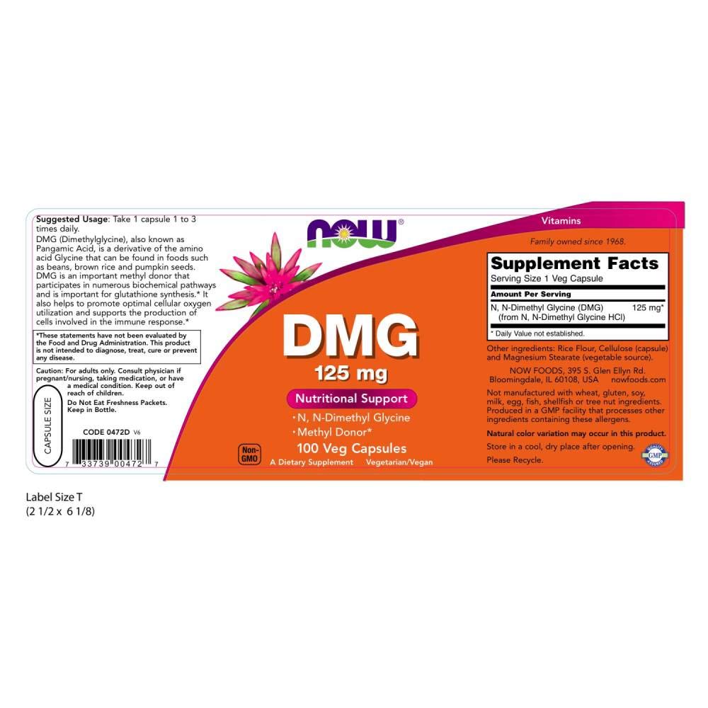 NOW Foods DMG 125 mg capsules close-up for daily methyl donor use