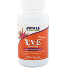 NOW Foods EVE multivitamin bottle on a clean desk for daily nutrition.