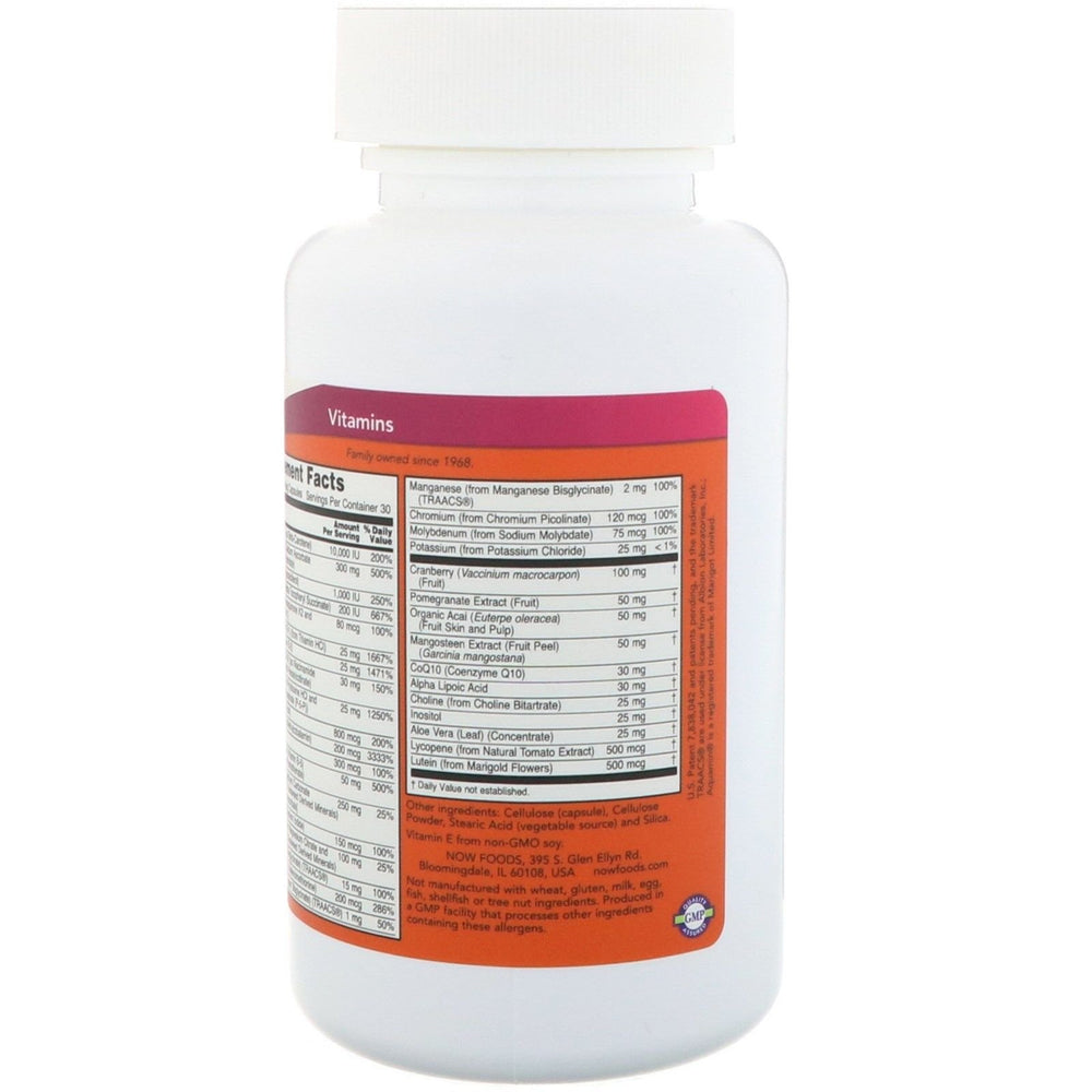 NOW Foods EVE multivitamin capsules closeup highlighting iron-free formula.