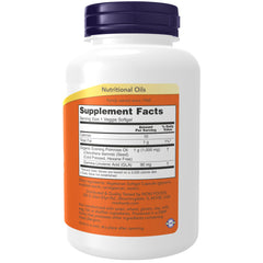 NOW Foods Evening Primrose Oil label close-up highlighting vegan, hexane-free formula