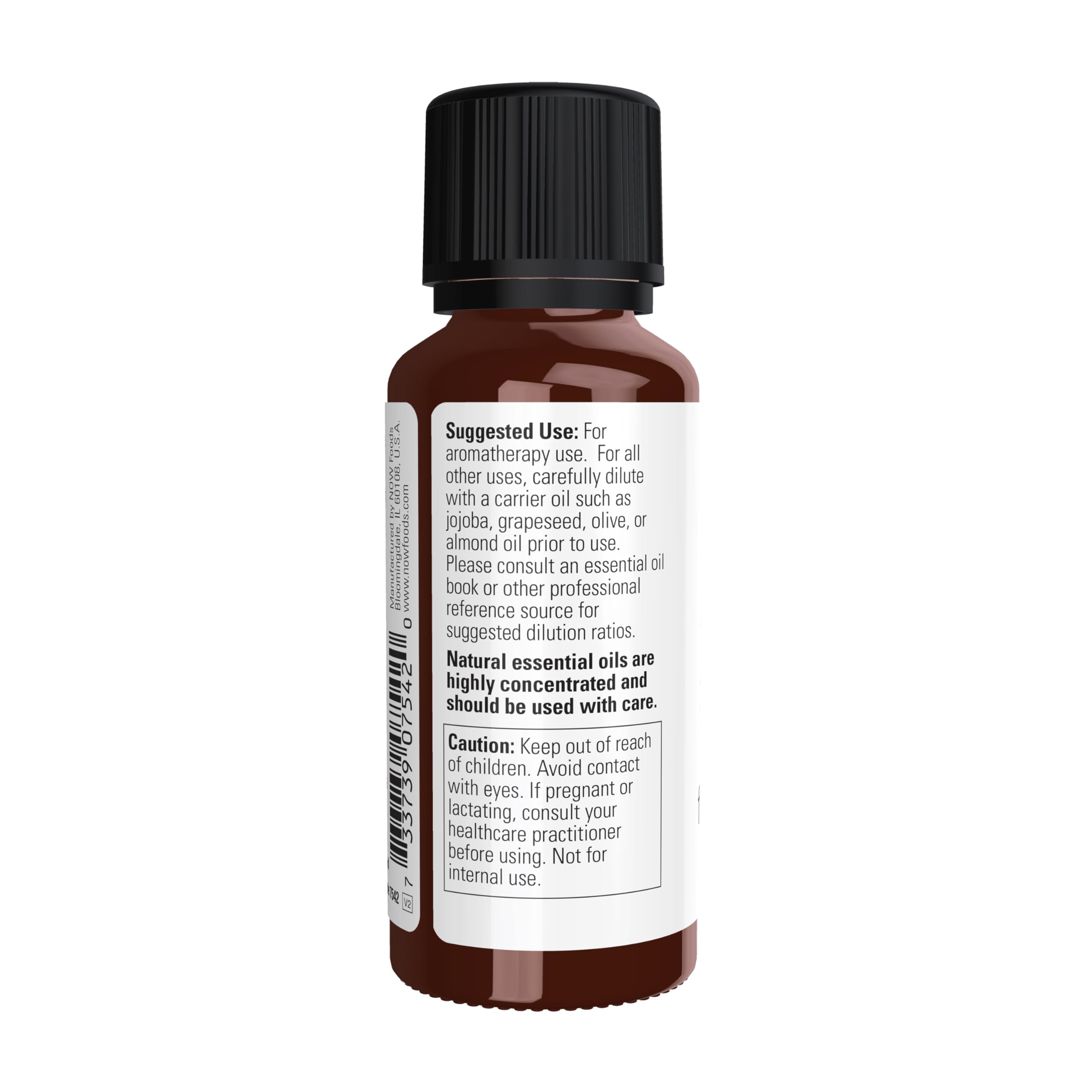 NOW Foods Frankincense Oil cap close-up shows child-resistant safety feature.