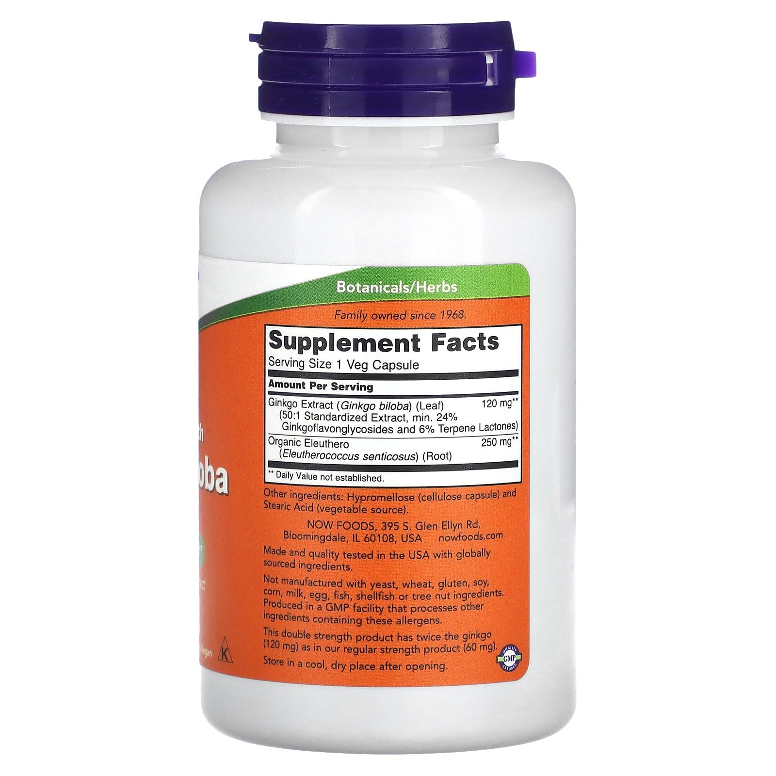 NOW Foods Ginkgo Biloba with Eleuthero capsules highlight standard extract for cognitive wellness