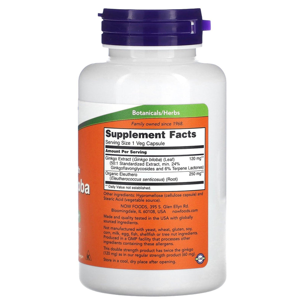 NOW Foods Ginkgo Biloba with Eleuthero capsules highlight standard extract for cognitive wellness