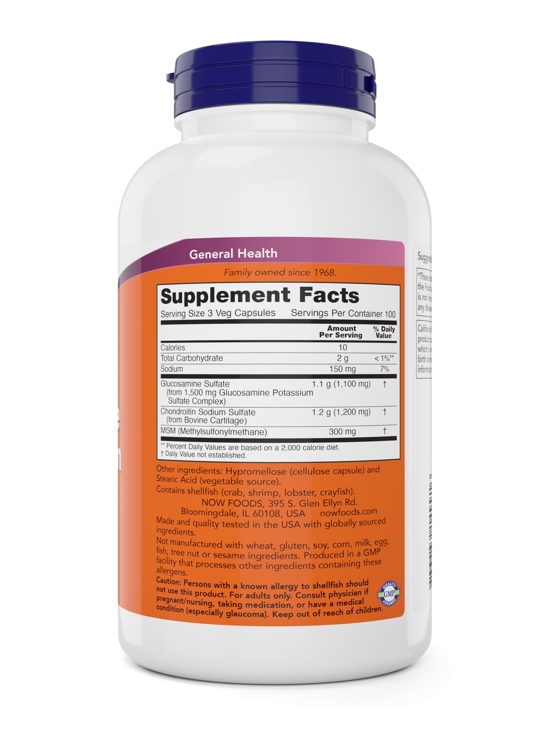 Now Foods glucosamine chondroitin msm ingredients label close-up showing key nutrients