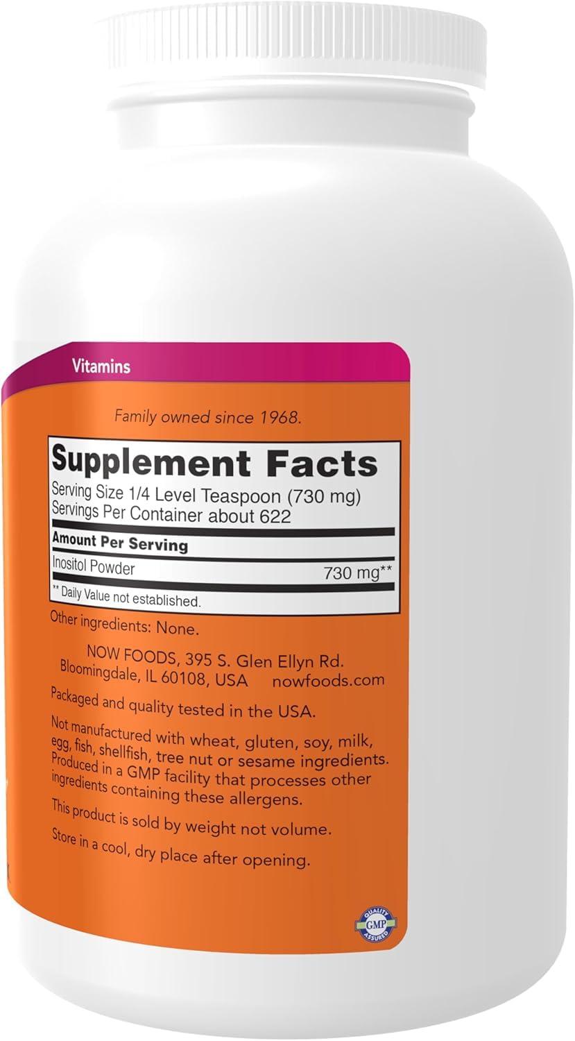 NOW Foods Inositol Powder measuring spoon shows precise daily dosing.