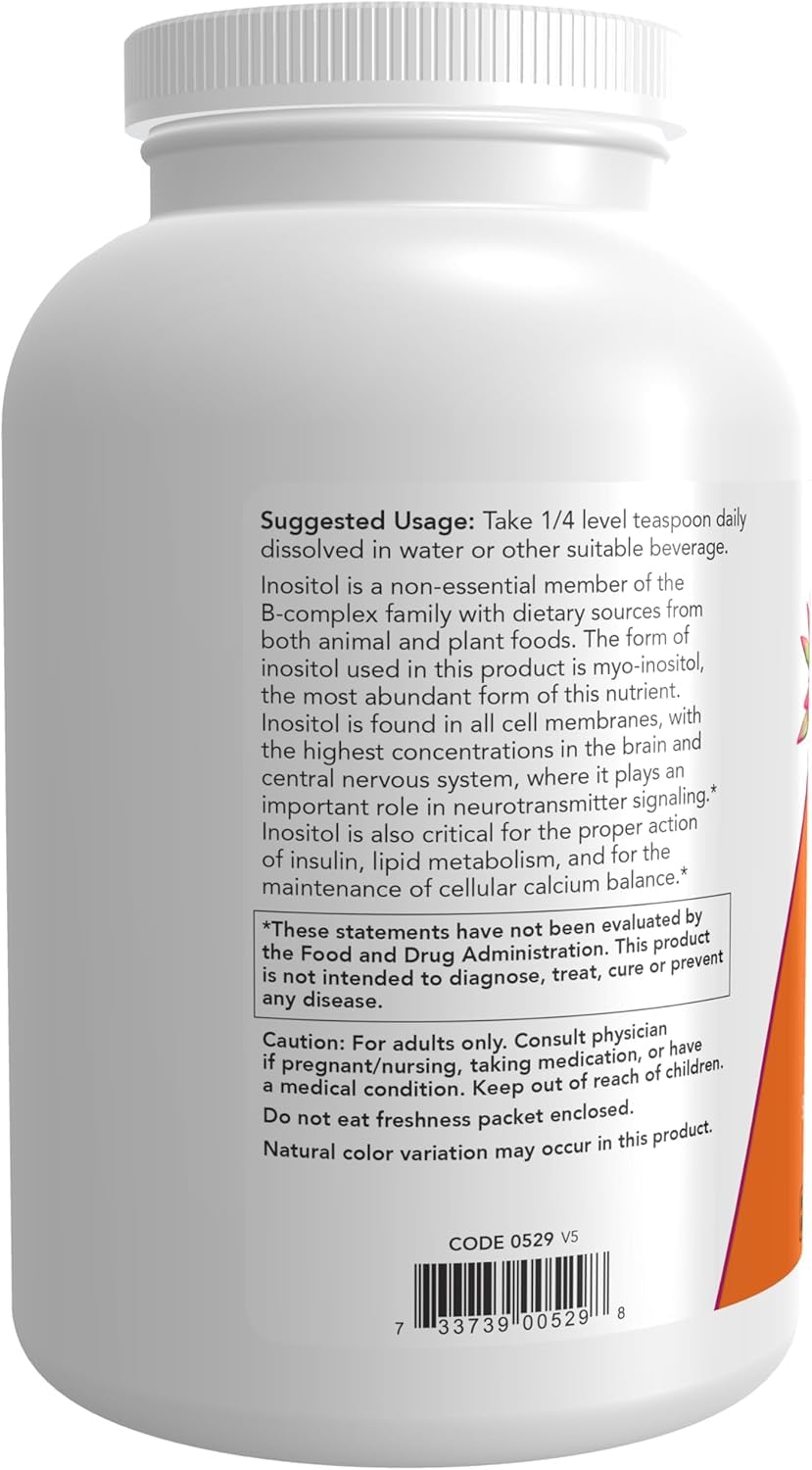 NOW Foods Inositol Powder close-up reveals a fine, blendable powder for easy mixing.