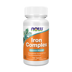 NOW Foods Iron Complex bottle front highlights non-constipating iron formula.