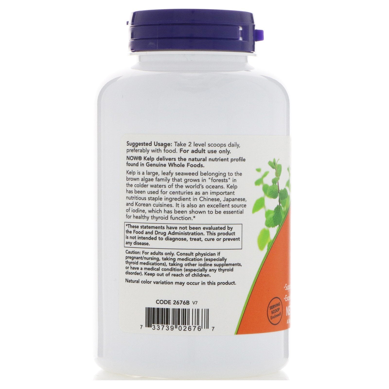 NOW Foods kelp powder ingredients label, confirms organic kelp and origin details.