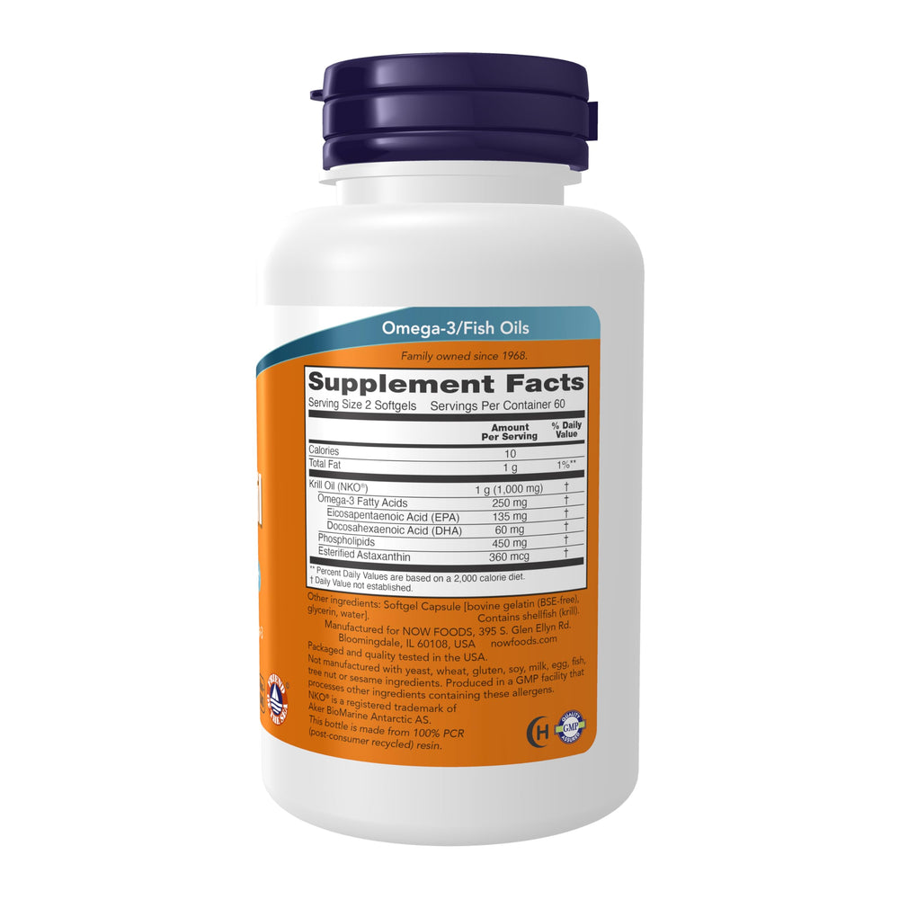 NOW Foods Krill Oil capsule closeup highlighting softgels and phospholipid-bound omega-3