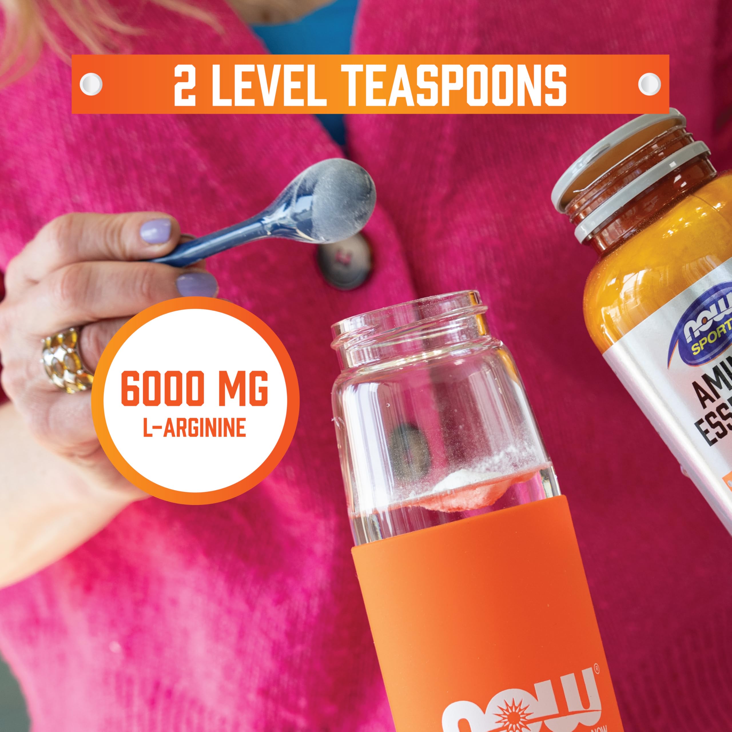 NOW Foods L-Arginine powder shaker demonstrating easy mix into beverages