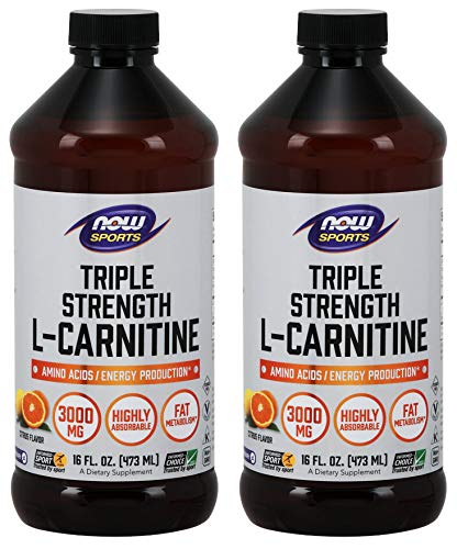 NOW Foods L-Carnitine Liquid bottle highlighting 3000 mg per serving for energy support.