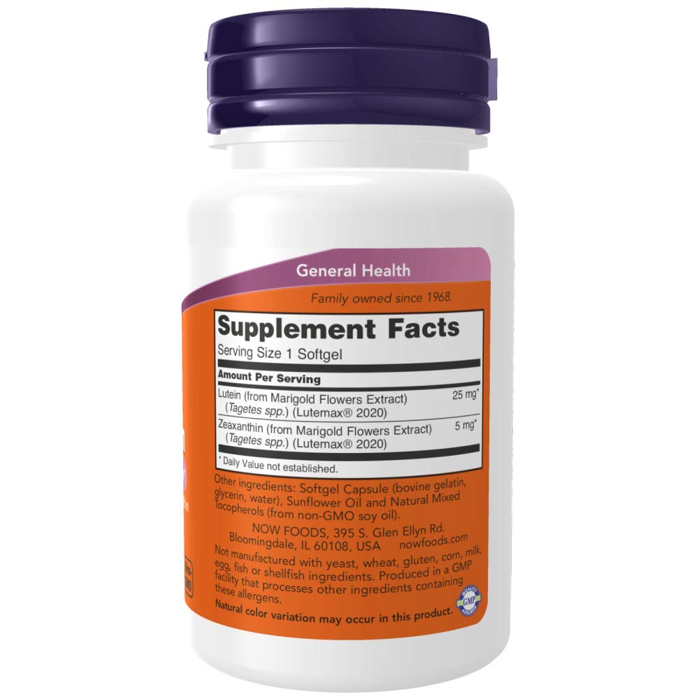 NOW Foods Lutein & Zeaxanthin softgels closeup highlighting blue light protection.