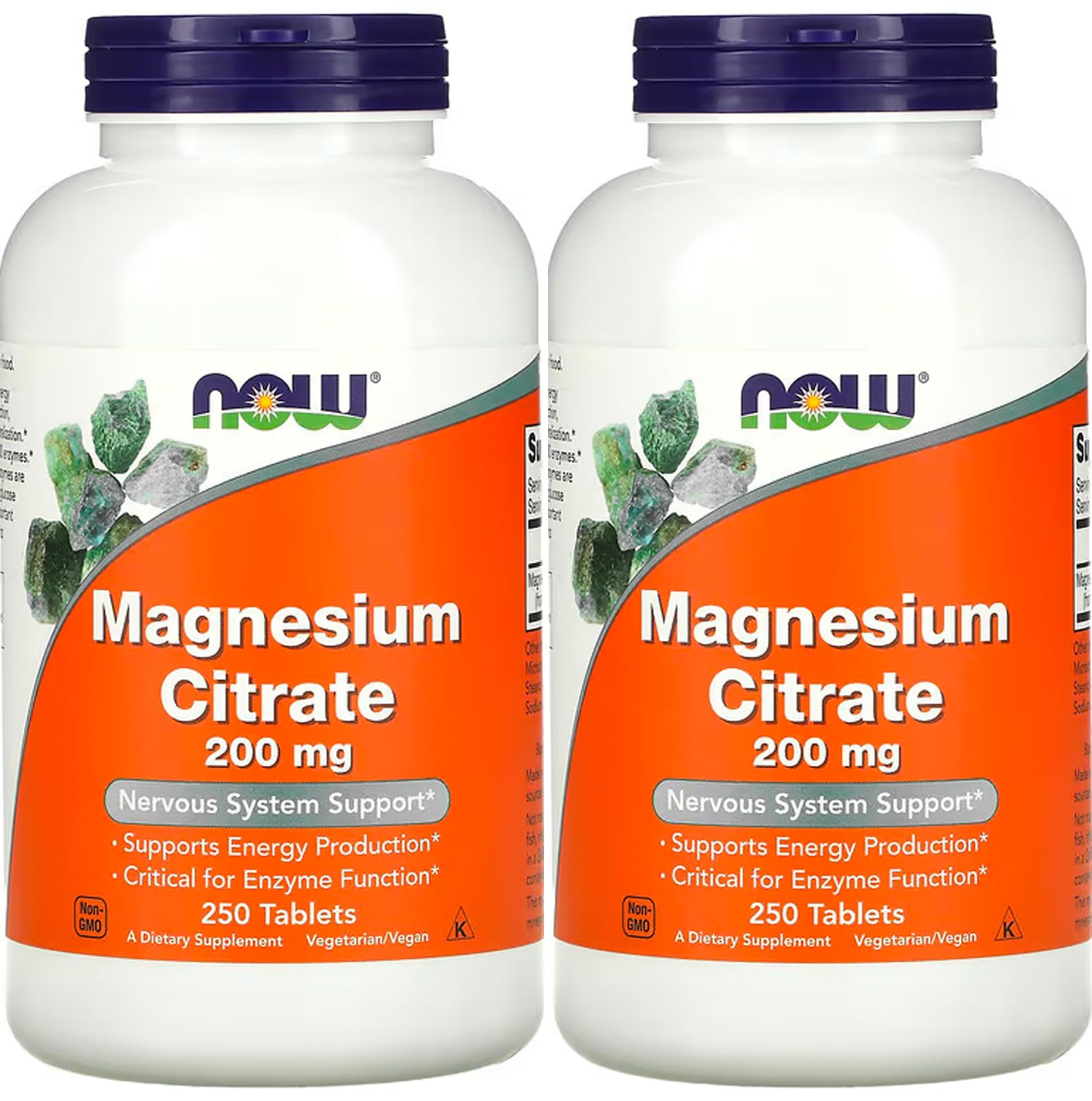 NOW Foods magnesium citrate tablets bottle front, unflavored and easy to swallow.