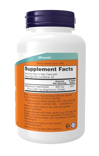 NOW Foods Magnesium Citrate capsules closeup for easy muscle function support.