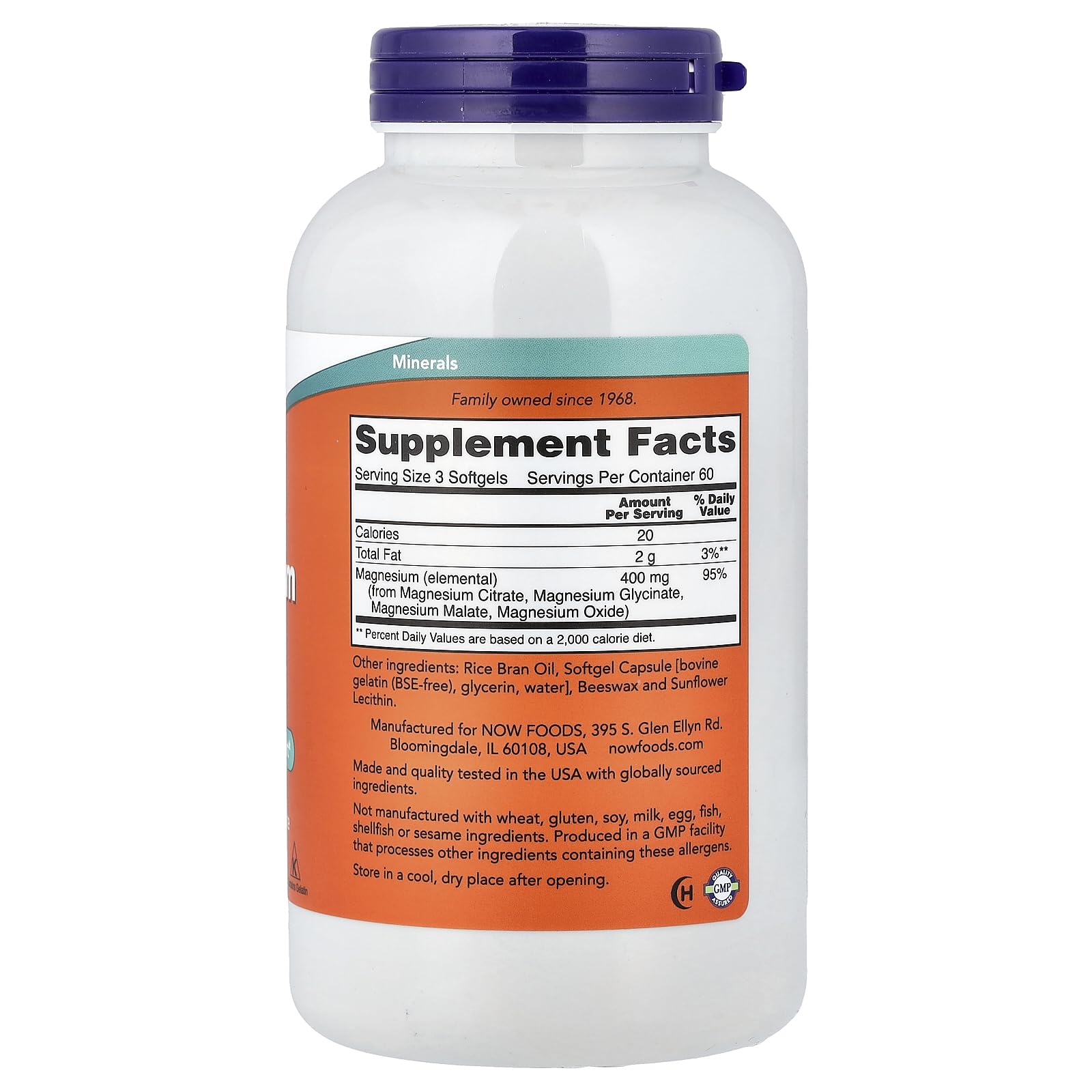 NOW Foods Magnesium Citrate softgels closeup highlights chelated formula for absorption