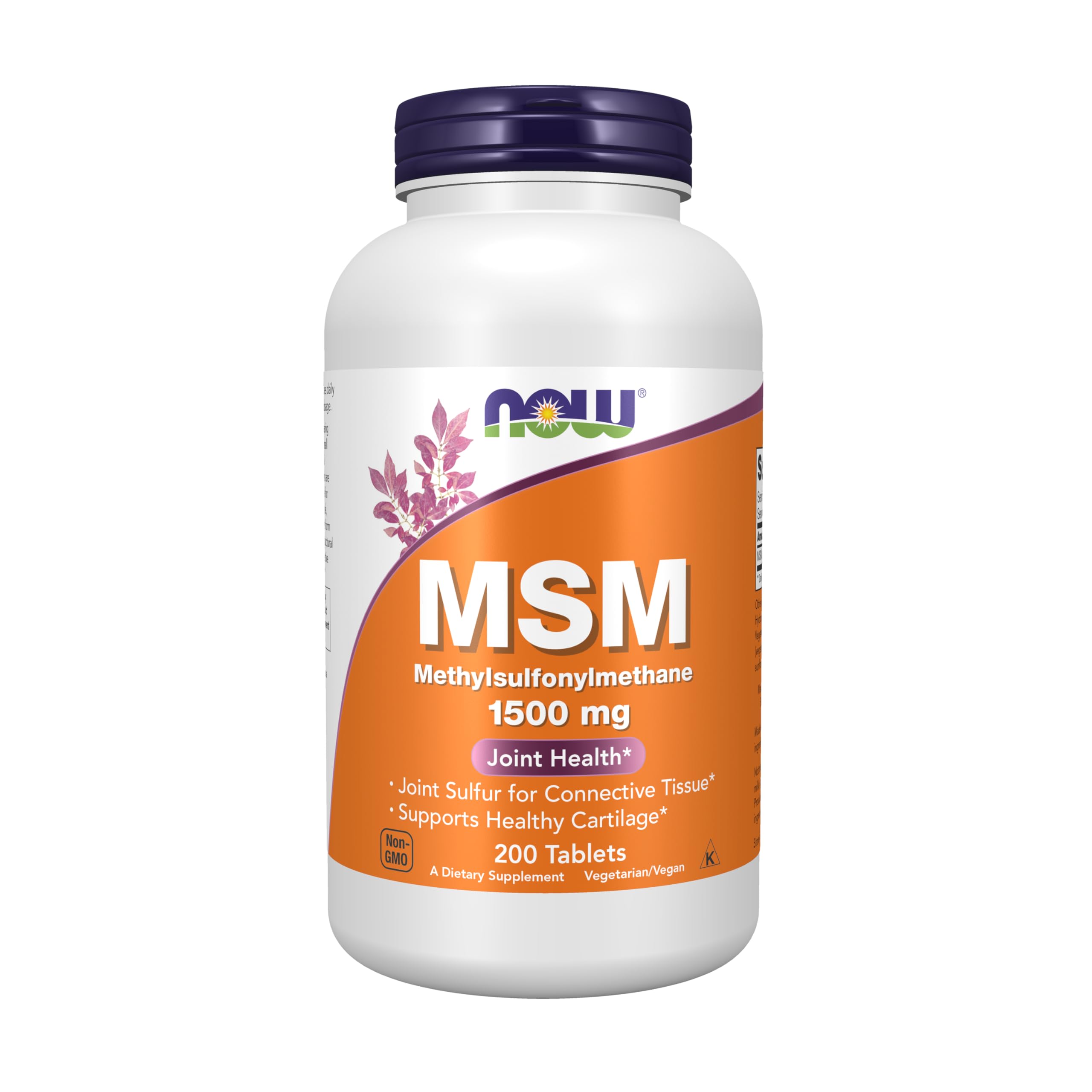 NOW Foods MSM 1500 mg bottle with label—supports healthy joints.