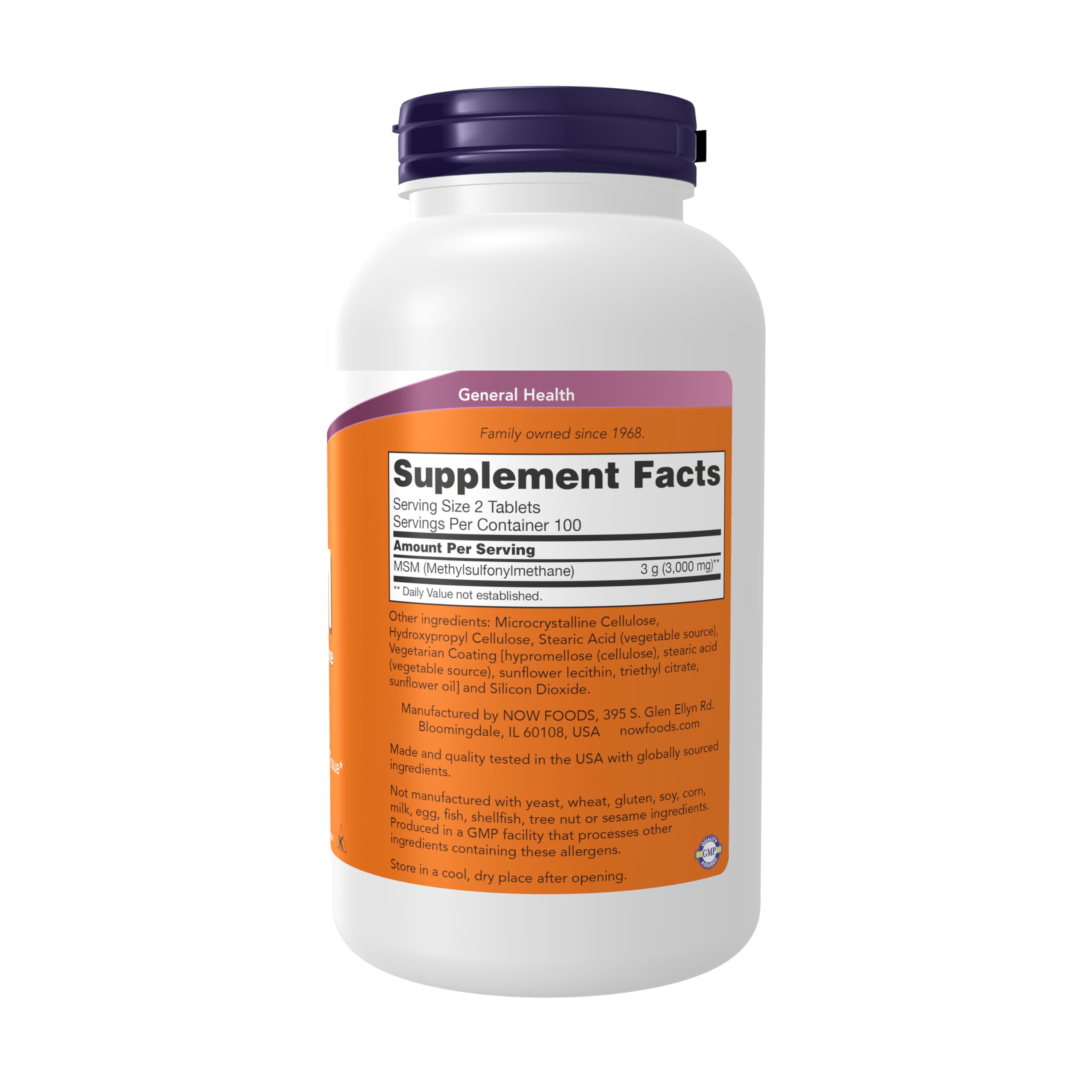 NOW Foods MSM capsules close-up—sulfur-based connective tissue support.