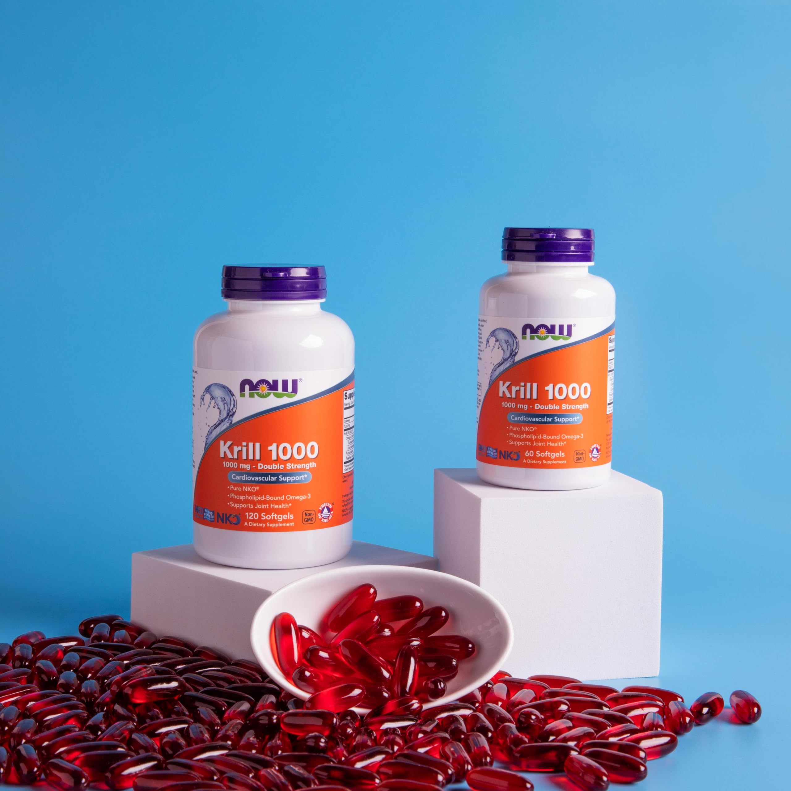 Sustainability seals on NOW Foods Neptune Krill Oil packaging.