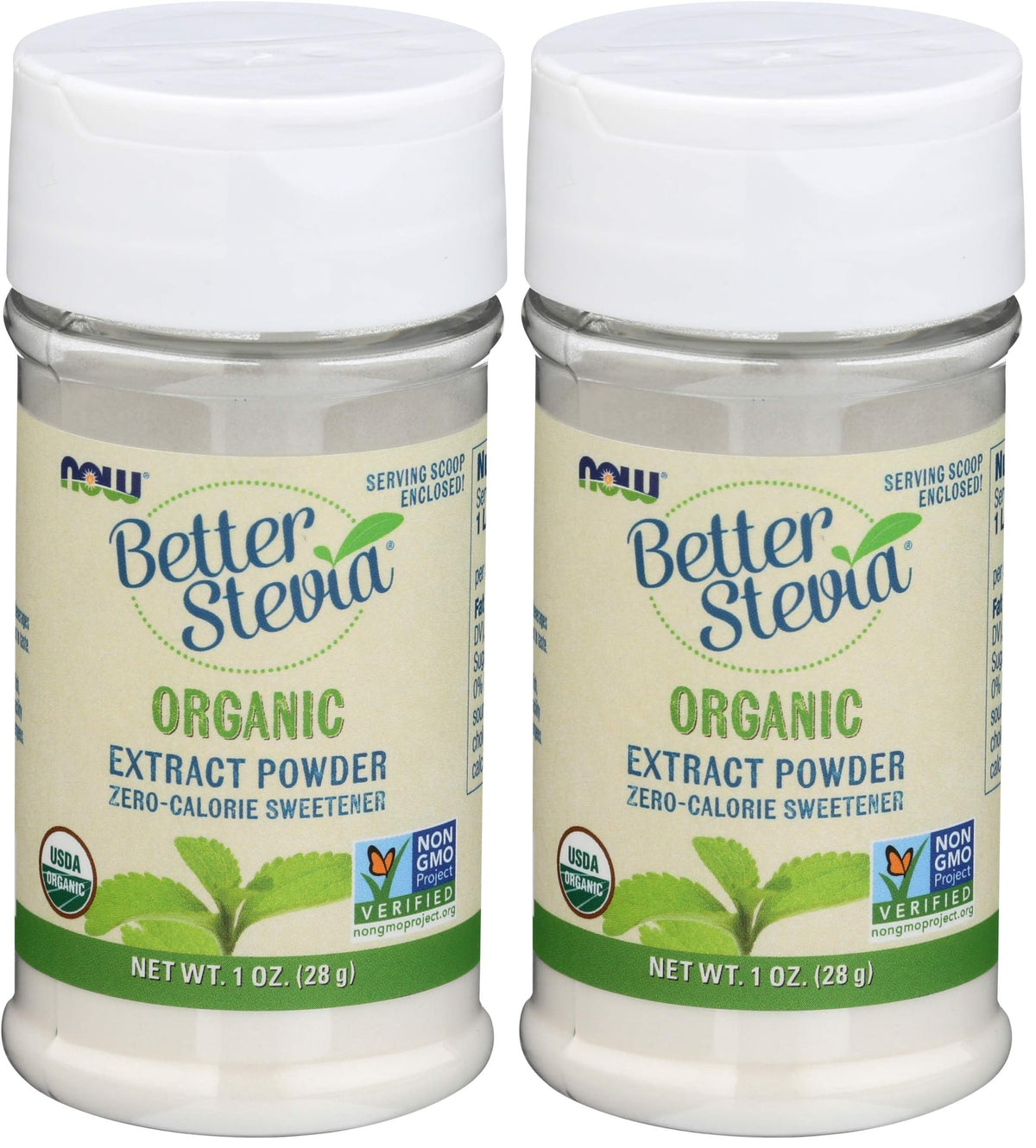 NOW Foods Organic Better Stevia Extract Powder jar for zero-calorie sweetness in drinks and desserts.