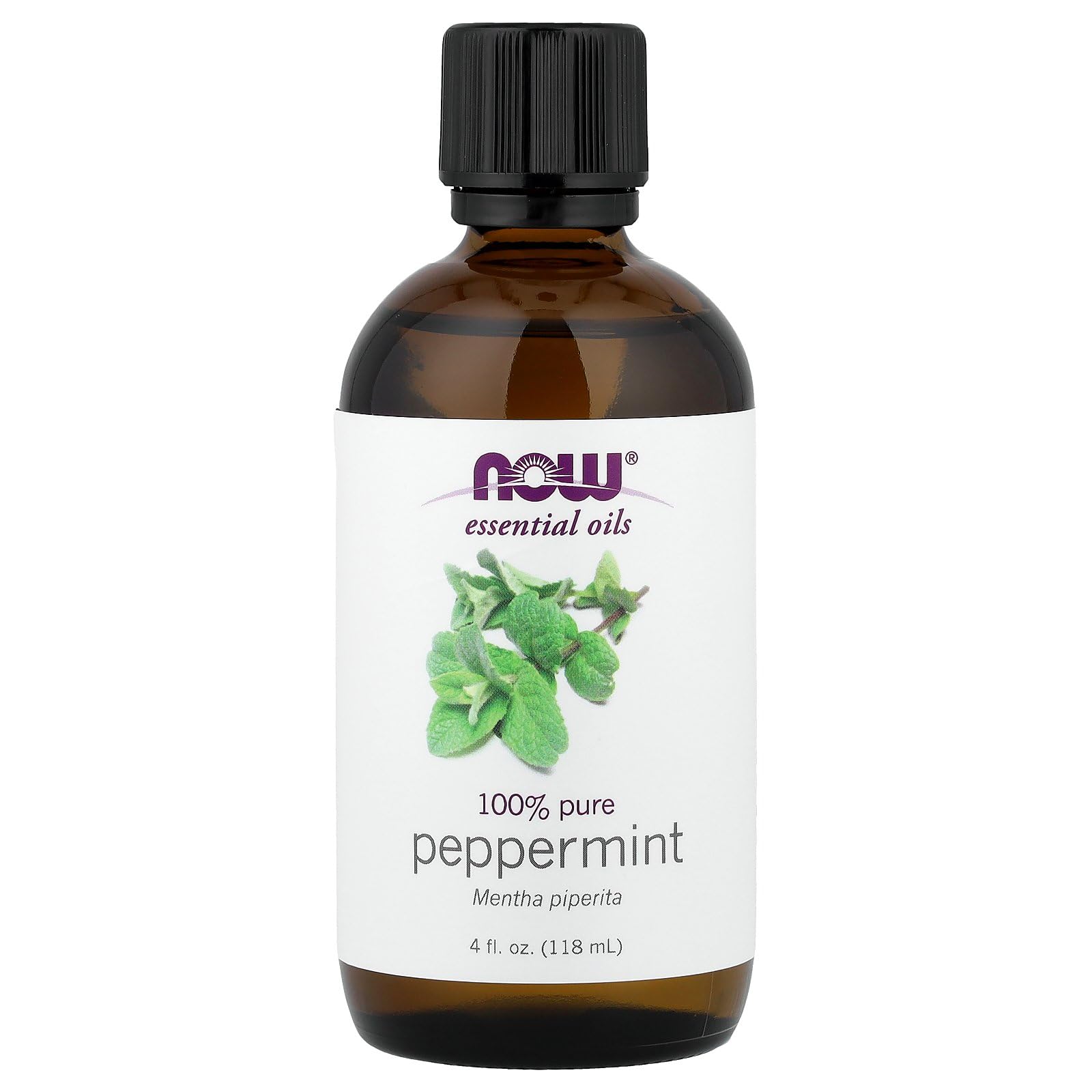 Now Foods peppermint essential oil bottle front view for refreshing aroma.