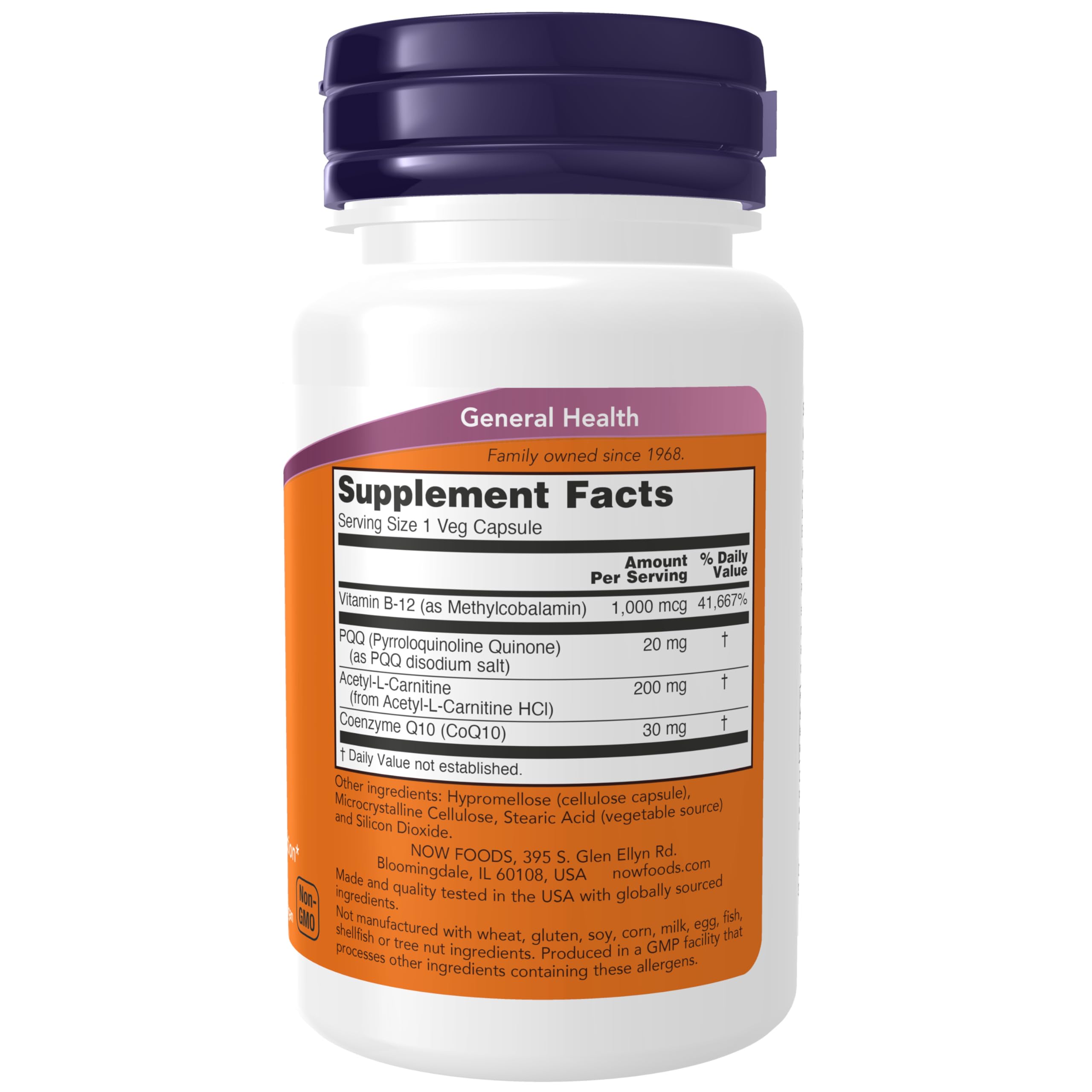 NOW Foods PQQ Energy bottle label showing ingredients and benefits.